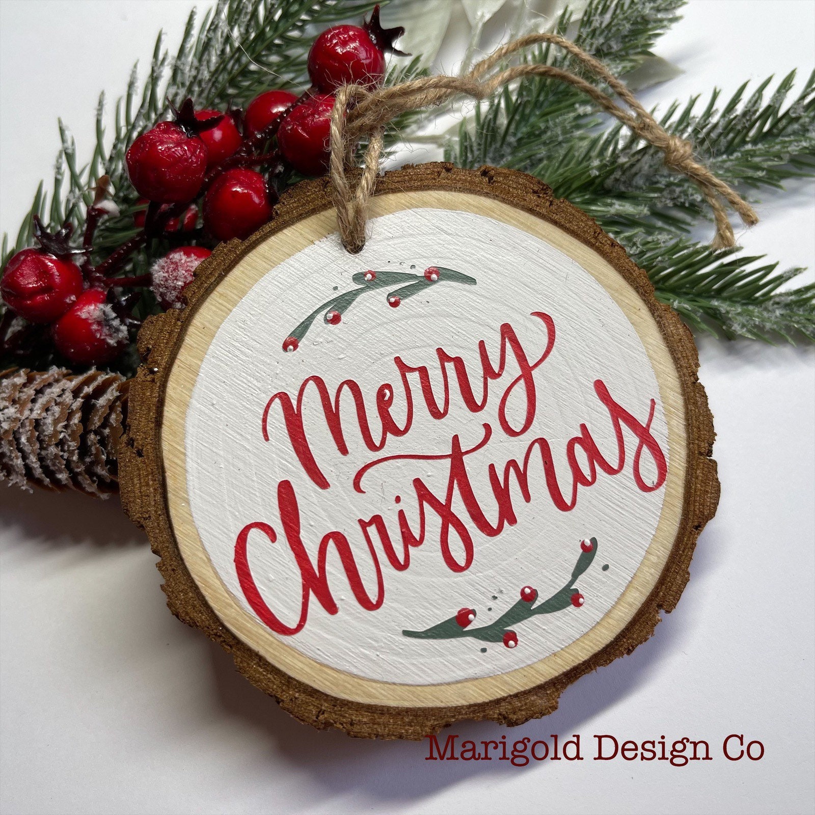 Merry Christmas - Wood Slice Christmas Ornament - Hand Painted - Gift ...