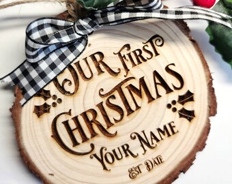 Laser engraved Wood Slice Christmas Ornament - Our first Christmas - Personalized Ornament - Gift tags - Tree slice ornament - Rustic decor