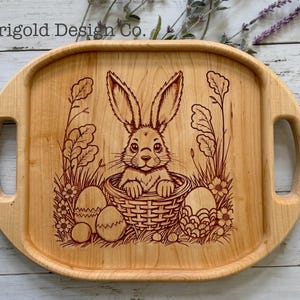 Springtime Wooden Tray with Handles – Carved Easter Bunny Design – Perfect for Easter Decor, Serving Tray, or Gift