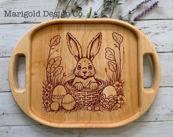 Springtime Wooden Tray with Handles – Carved Easter Bunny Design – Perfect for Easter Decor, Serving Tray, or Gift