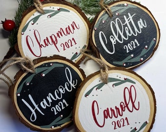 Custom Personalized - Wood Slice Christmas Ornament - Hand Painted - Gift tags - Tree Slice - Rustic decor - Coastal Ornaments