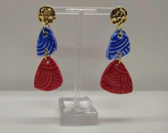 Handmade Ceramic Tiered Statement Dangle Earrings – Red & Blue Wave Texture