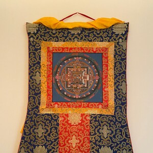 Tibetan Blessing Buddha Mandala Thangka / Thanka with Brocade Painted in Nepal