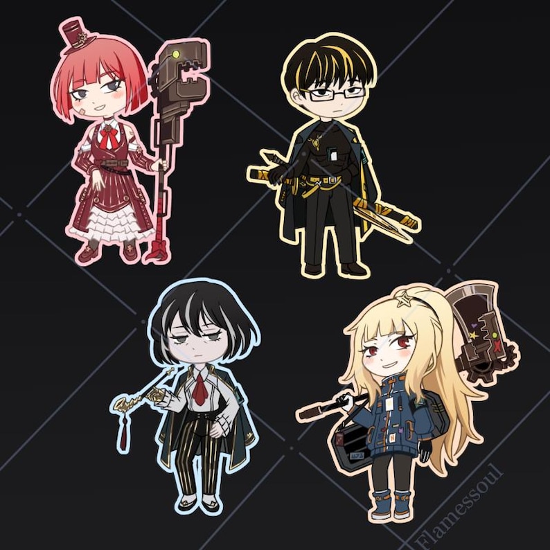 May include: Four chibi-style character illustrations on a dark background. Each character is uniquely designed, holding various tools and weapons. The characters have distinct hairstyles and outfits, with a variety of colors and details.