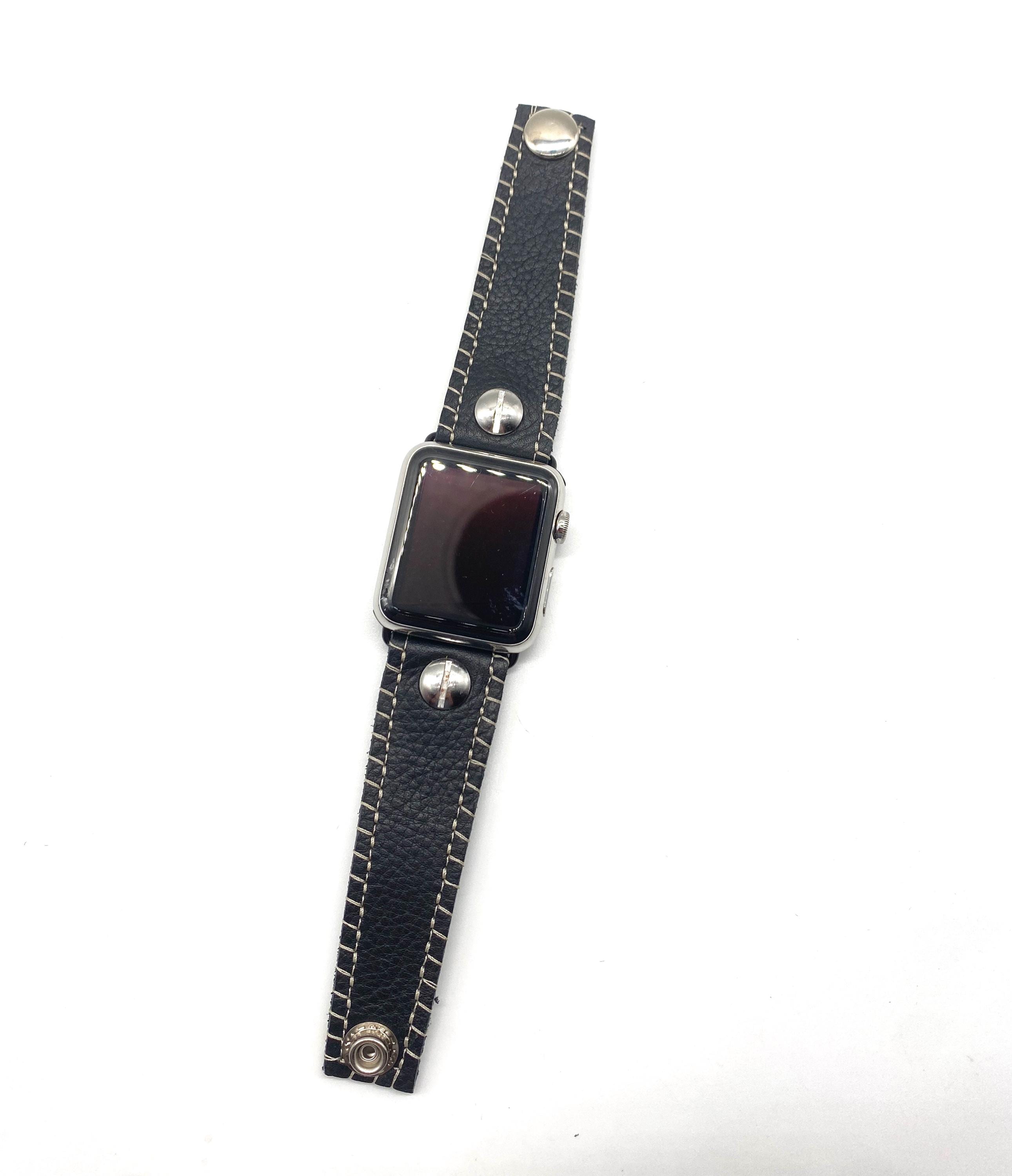 Black Leather Apple Watch Band, Silver Rivet Snap, Custom 