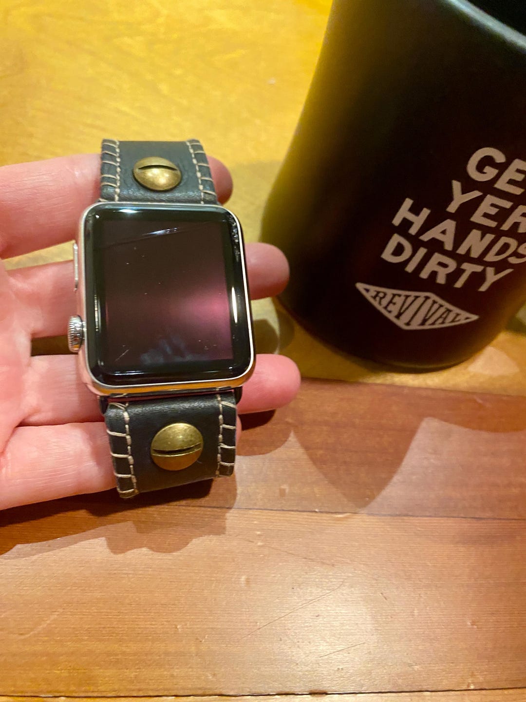 Black Leather Apple Watch Band, Antique Brass Rivet, Custom  display picture 1