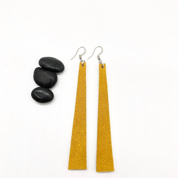 Yellow mod earrings/yellow leather earring/minimalist earring/retro leather earring/long leather earring/modern chic earring/leather drop