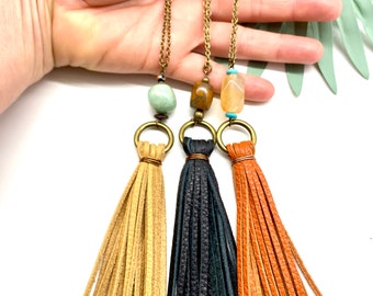 Stone & Leather Tassel Necklace: Adjustable Antiqued Brass Chain