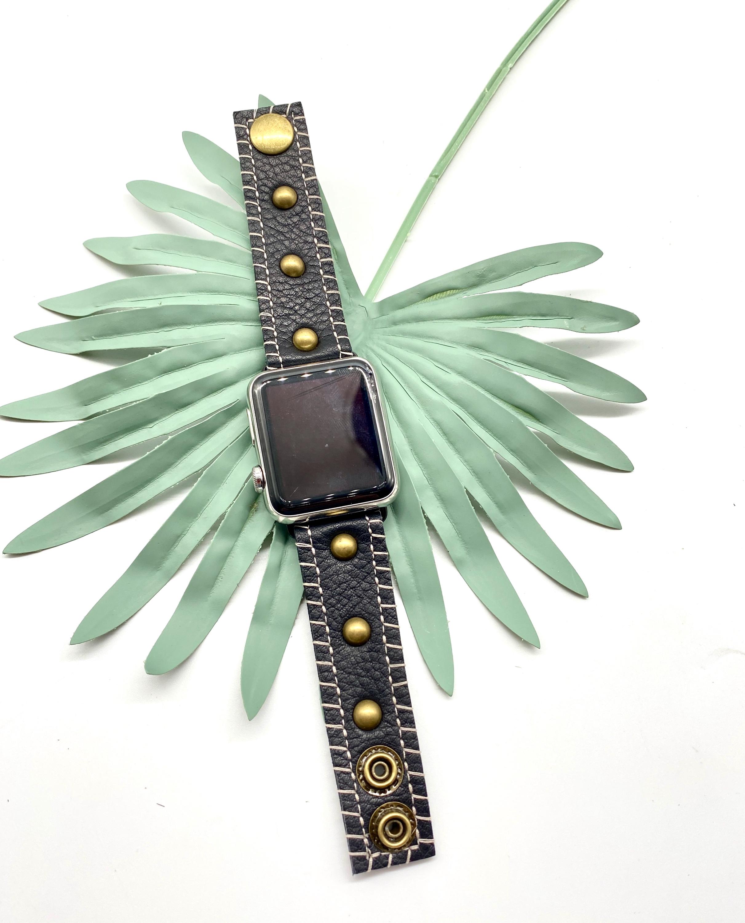 NEW Black Leather Rivet Apple Watch Band Black Leather Apple Watch Band, Silver Rivet Snap, Custom  main image 2