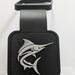 A black and white rubber trailer hitch cover depicting a marlin.