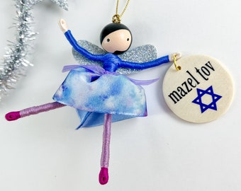 Jewish Star Bat Mitzvah Fairy Ornament, Gift with Star of David, Mazel Tov for Girl, Personalized Hanging Decor, Handmade Graduation Idea