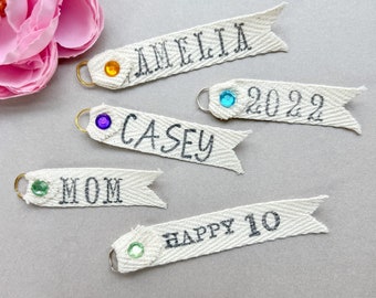 Hand-Stamped Twill Ribbon Gift Tags, Personalized with Name, 2023 Year, Quilt Label, Baby or Bridal Shower or Eupherma Embellishment