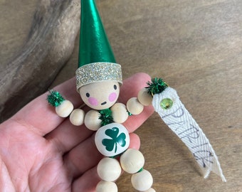 Personalized Irish Boy Elf Name Ornament with Shamrock, Unique Handmade Wooden Bead Holiday Decor Gift Topper For Nephew, Grandson, Grandma