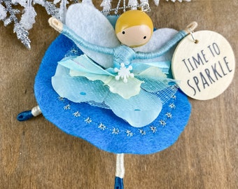 Winter Aqua Blue Handmade Flower Fairy Ornament with Year or Name Personalization, Unique Felt Hanging for Girl Bedroom and Tooth Fairy Gift