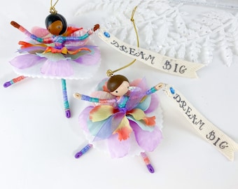 Ombre Dream Big Flower Fairy Ornament, Graduation Fairy for 5th Grade Promotion, Dreamer Niece Gift, Positivity Quote, African American Girl