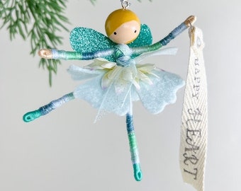 Teal Christmas Flower Fairy Ornament Decor with Affirmation Tag, Custom Happy Birthday/Graduation Gift, Grandma & Girl Ornament