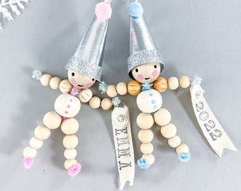 Personalized Silver Vintage-Style Name or Year Ornament for Boy/Girl, Unique Wooden Pastel Elf for New Baby Shower & First Christmas.