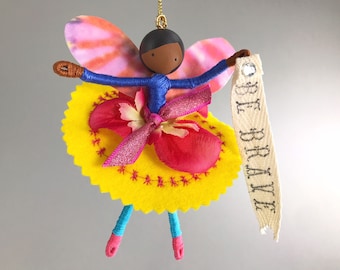 Tie Dye Handmade Fairy Ornament with Be Brave Positive Affirmation, Personalized Kindness Summer Gift, Felt Decor for African American Teen