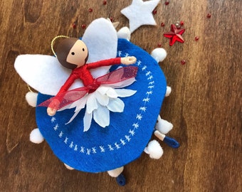 Patriotic Flower Fairy Ornament, Handmade July 4th Decor Hanging, Woman Veteran Gift, American Exchange Student Gift