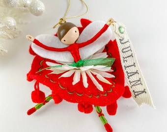 Personalized Christmas Fairy, Family Fairy Ornament, Whimsical Art Doll Hanging, Red and Green Traditional Decor Gift for Woman, Handmade