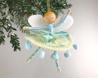 Pale Blue Flower Fairy Ornament with Optional Name or Year Personalization, Handmade Swan Lake Dancer Gift, Pastel Victorian Birthday Gift