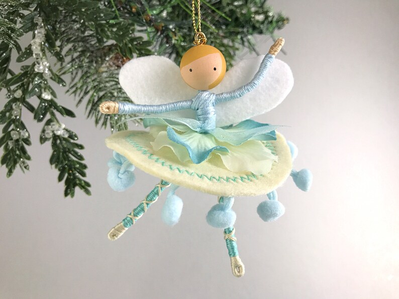 Pale Blue Flower Fairy Ornament with Optional Name or Year Personalization, Handmade Swan Lake Dancer Gift, Pastel Victorian Birthday Gift image 1