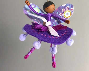 Personalized Teacher Ornament with Purple Flowers and Paper Fairy Wings, Choice of Hair/Skin Color, Handmade African American Gift for Woman