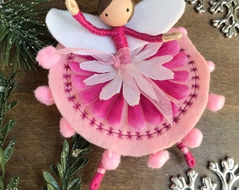 Pink Flower Fairy Ornament, Personalized Little Dancer Gift for Her, Handmade Birthday and Whimsical Felt Ballerina for Girl Christmas Tree
