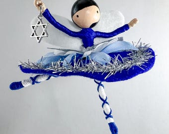 Jewish Star Hanukkah Ornament Fairy, Personalized Jewish Art Gift with Star of David Charm, Chanukah Decoration, Birthday, Holiday