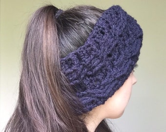 Headband/Ear Warmer, Hand Knit Cabled Navy Blue