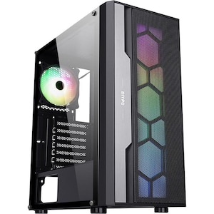 May include: A black computer case with a tempered glass side panel and a hexagonal mesh panel with RGB lighting. The case has a DIYPC logo on the front.