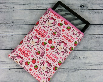 I Love Moo Strawberry Milk Cow Fabric Kindle Paperwhite Sleeve| Bookish Gift | Kawaii | Book Gift | E-reader Sleeve | Kindle Cover