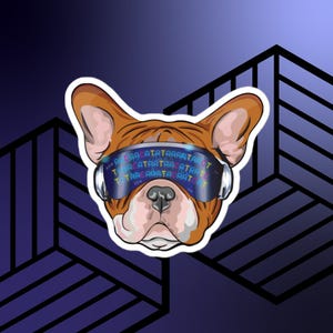 May include: A sticker of a brown and white dog wearing futuristic, silver-framed glasses. The glasses display colourful text. The dog's face is centered against a gradient blue background with geometric shapes.