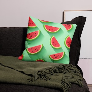 Delicious Watermelons Premium Pillow, watermelon tourmaline, watermelon cat, tajim, chamoy, popsicle, summer fruit, birthday party, candy