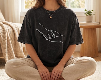 Human Hand Holding Dog Paw Snow Washed Oversized Cotton T-Shirt, Dog Lover Graphic Tee