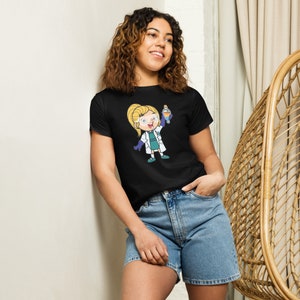 Científica química sosteniendo un embudo de decantación, Química orgánica, Camiseta de cintura alta para mujer, Doctorado, Científica, Investigación científica