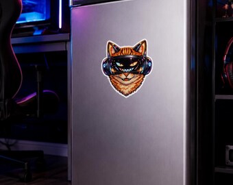 Mischievous Arcade Cat Sticker, Retro Gaming Vinyl Decal, Neon Gamer Kitty (Kiss-cut)