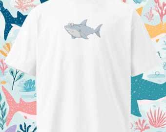 Too Cool to Bite Shark with Bifocals Oversized Shirt – Funny Ocean Nerd Tee