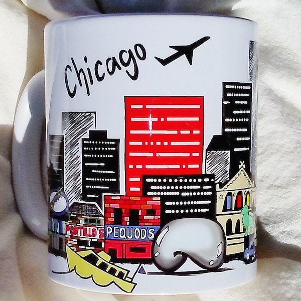 Chicago LANDMARK Skyline Coffee Mug - Wrigley Field - Navy Pier Ferris Wheel - Cloud Gate