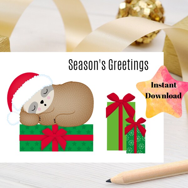 Set of 3 one sided cute sloth printable Christmas Cards, Sloth Christmas Cards, Instant Download