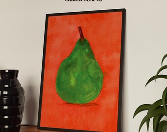 Watercolor Pear Art Print | Green & Orange Fruit Wall Art, Modern Folk Art Print, Colorful Home Decor, Fruit Gallery Wall Art