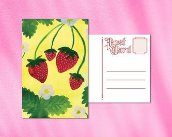 Watercolor Strawberries Postcard | Garden Art, Modern Folk Art Print, Colorful Stationery, Fruit Theme Art