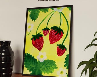 Strawberry Vine Art Print | Yellow & Red Fruit Wall Art, Modern Folk Art Print, Colorful Home Decor, Fruit Gallery Wall Art