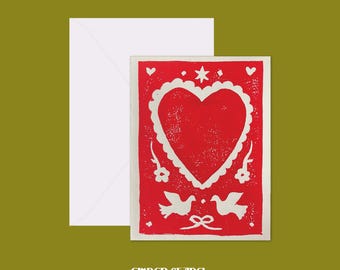Linocut Heart Greeting Card | Love Card | Red Stamp Design | A2 Blank Folded Card | Cute Aesthetic | Gift for Her | Ember Chapel