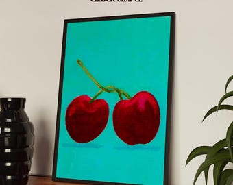 A Pair of Cherries Art Print | Red & Teal Fruit Wall Art, Modern Folk Art Print, Colorful Home Decor, Fruit Gallery Wall Art
