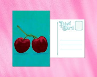 A Pair of Cherries Postcard | Food Art, Modern Folk Art Print, Colorful Stationery, Fruit Theme Art