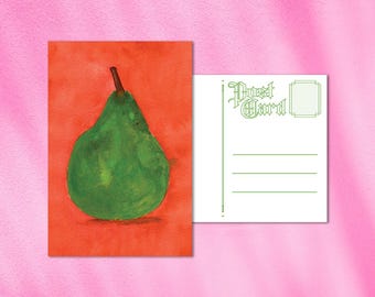 Watercolor Pear Postcard | Food Art, Modern Folk Art Print, Colorful Stationery, Fruit Theme Art
