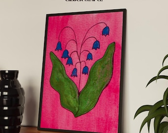 Bluebell Flowers Art Print | Pink Botanical Wall Art, Modern Folk Art Print, Colorful Home Decor, Floral Gallery Wall Art