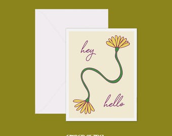 Hey Hello Flower Vine Greeting Card | Thinking of You | Yellow Green Flowers Design | A2 Blank Card | Artsy Aesthetic