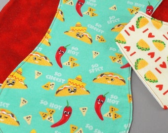Taco Tuesday - Mexican Food Burp Pads, Bandana  Bibs, Swaddle Sack & Vinyl Bibs.  Tacos, Nachos, Tortilla Chips and Red Chili Peppers. Yum!